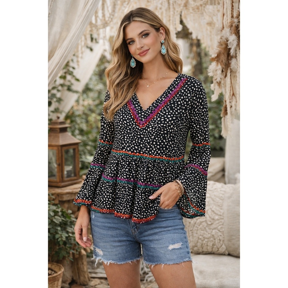 Savanna Jane Polka Dot Embroidered Peplum Bell Sleeve Top Black White Size Small